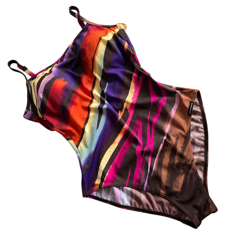 Sunmarin Women's Black Pink Abstract One Piece Swimsuit Built In Shelf Bra 12D